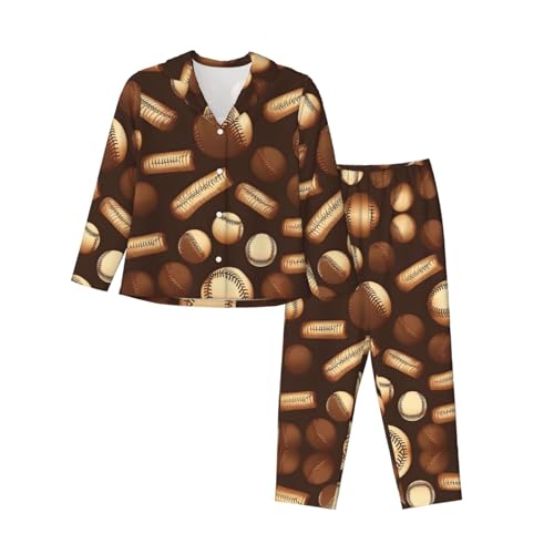 Vuoongt Conjunto de pijama retro con estampado marrón de béisbol para mujer, manga larga, con botones, camisa suave con pantalones largos, conjuntos de descanso S-XXL, Negro -, S