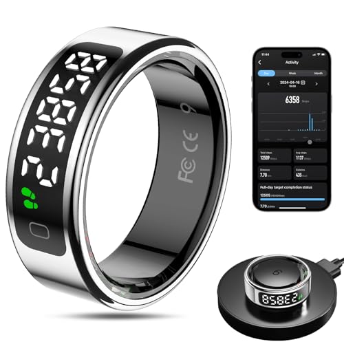 Smart Ring Health Tracker for Men/Women with LED Dispay Screen,Fitness Ring Sleep Tracker,Fast Charging,for Pedometer Exercise,Monitor Sleep,Heart Rate, Stress,Waterproof (Silver, 11)