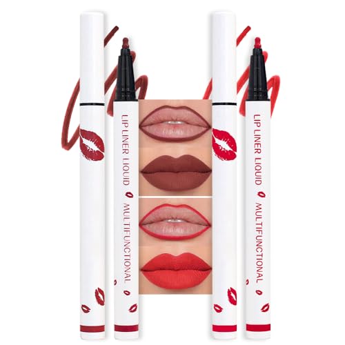 Image of 2Pcs Longwear Liquid Lip Liner Stain Marker Pen Set Long Lasting Waterproof, Dark Ruby Red Matte Semi Permanent 24 Hour Lip Liner and Lipstick Combo, Color Stay Lipliner All Day, Lips Stain peel off