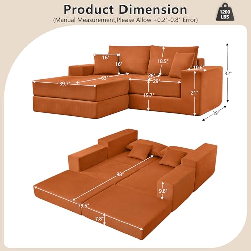 Image of L Shaped Boneless Couch Modular Sectional Sofa, Modern Cozy Corduroy Cloud Couch Loveseat with Ottoman, Memory Foam Convertible Sectional Sleeper Sofas for Living Room, Orange