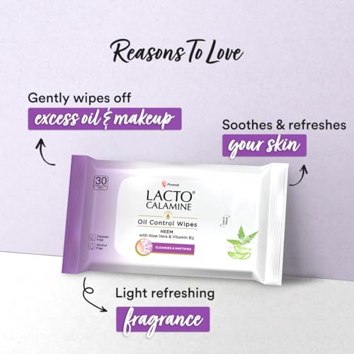 Image of Lacto Calamine Oil Control Face Wipes 30N each- Pack of 6 | Makeup Remover Wipes | Wet Tissue for Face With Neem, Aloe Vera & Niacinamide | Wet Wipes for Women & Men | Pararben & Alcohol Free
