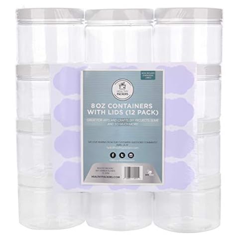 Healthy Packers Slime Containers with Water-tight Lids (8 oz, 12 Pack) - Clear Plastic Food Storage Jars with Individual Labels- Great for your slime kit - BPA Free Cover