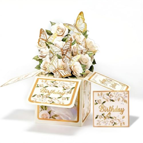 Birthday Card Pop Up Card 3D Butterflies & Forever Flower Bouquet Greeting Christmas Card for Women Wife Mom Daughter Sister-Christmas Gift,Festive Holiday Card,White