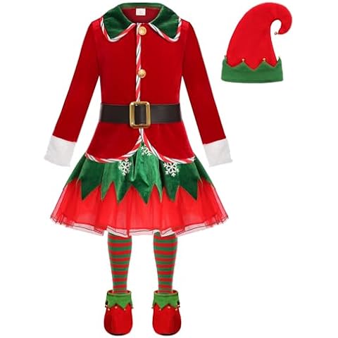 Bordazor Girls Elf Costume Dress and Hat Elf Costume for Girls Santa Helper Elf Costume (7-8 Years) Cover