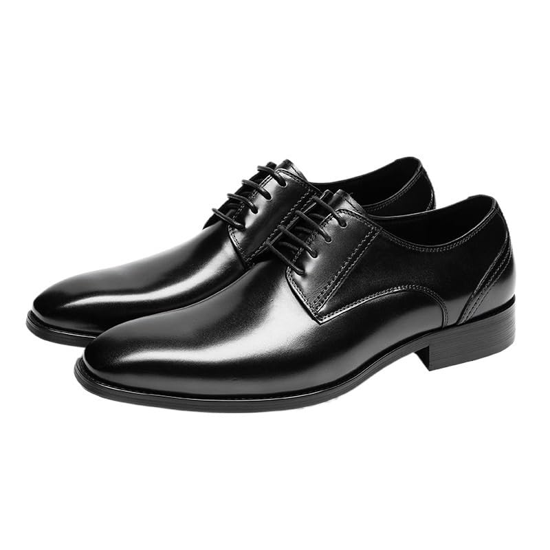 Men's Black Dress Shoes Lace Up Square Burnished Toe Leather Oxford Shoes Non Slip Block Heel Anti-Slip Rubber Sole Party Formal Oxford Shoes for Men