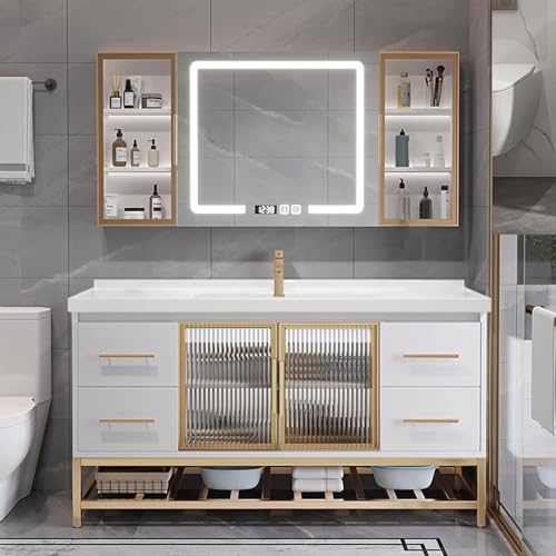 Genpai 60IN Bathroom Vanity with Sink - 3 Light Vanity Light Fixtures, Smart Mirror Cabinet. White