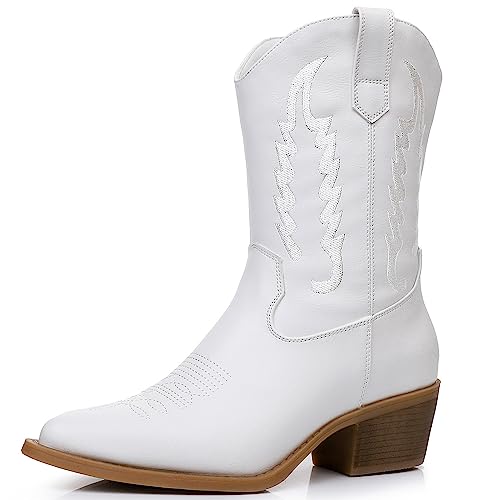 Image of GLOBALWIN Women's Square Toe Cowgirl Boots Classic Mid-Calf Cowboy Boots With Embroidered Stitching Low Heel Comfortable Western Boots For Country Outfits