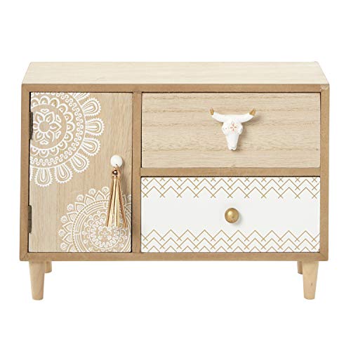 Deco 79 Wood Floral 3 Drawer Jewelry Box With Bull Head Knob, 12" X 5" X 8", Light Brown #TOP2