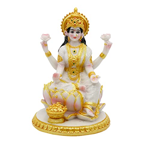 alikiki Indian Goddess Meditation Lakshmi Figurine - 5.7”H Marble Look Murti Laxmi Idol Statue for Home Office Temple Mandir Pooja Item Puja Decor Diwali Gifts Indian Spiritual Decor Gift