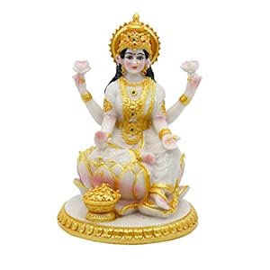 Indian Goddess Meditation Lakshmi Figurine – 5.7”H Marble Look Murti Laxmi Idol Statue for Home Office Temple Mandir Pooja Item Puja Decor Diwali Gifts Indian Spiritual Decor Gift