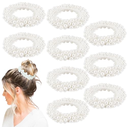 AHONEY 9Pcs Pearl Hair Tie Elastic White Hair Scrunchies for Women's Hair Boho Wedding Accessories (White, Pearl - White, 9 Count)