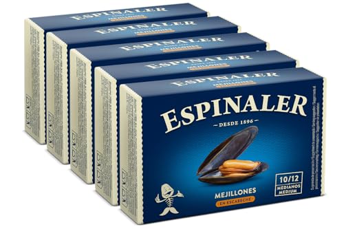 Mejillones en escabeche Espinaler - Pack de 5 latas de 10-12 piezas, tamaño mediano - Conservas Gourmet de mejillones en conserva para tu aperitivo