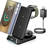 KPON 3 in 1 Charging Station for Samsung, Wireless Charger for Thick Cases, Foldable Phone and Watch Charger Stand for Galaxy S26/S25/S25 Ultra/S24/Z Fold/Android Devices, Galaxy Watch and Earbuds