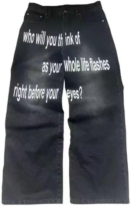 Unisex Y2K Baggy Letter Printed Jeans Washed Oversized Wide Leg Jeans with Retro Fashion Gothic Pants