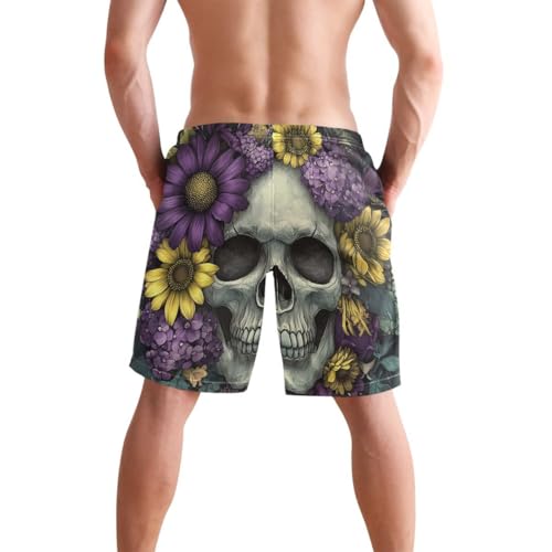 Custom Sugar Skull Purple Yellow Flower Mens Swim Trunks Quick Dry Beach Shorts with Pocket S 202c07743