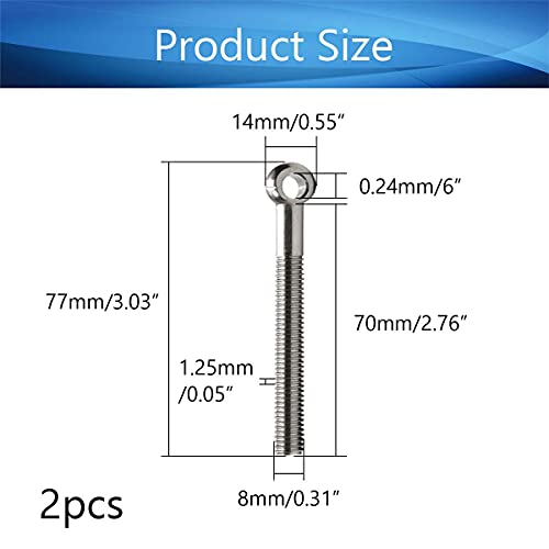 Image of MroMax M8 x 70mm Machinery Shoulder Swing Lifting Eye Bolt, 2Pcs 304 Stainless Steel Metric Thread Lifting Eye Bolt for Home Renovation, Pipeline Gate Valves Fasteners, Silver