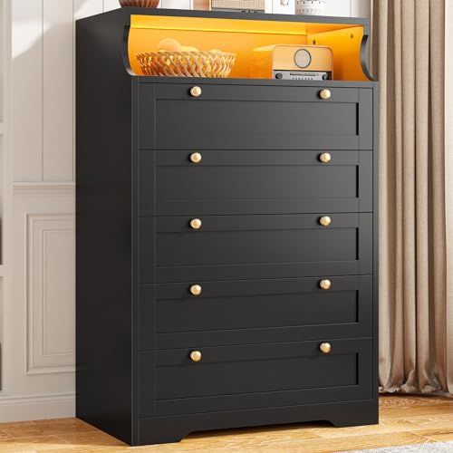 EnHomee Black Dresser with 5 Drawers for Bedroom,Tall Dresser with LED Lights and 2 Shelves,Dressers & Chests of Drawers for Hallway,Entryway,Black