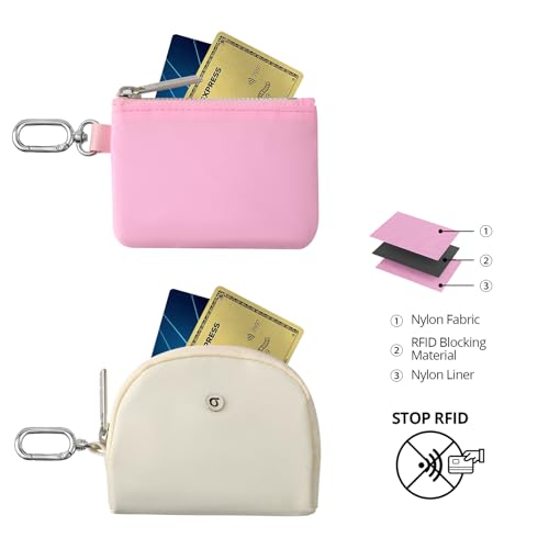 Image of Keychain Wallet Mini Zip Around Wristlet Wallets for Women Detachable Dual Pouch Wristlet Portable Coin Purse Small Wallets With RFID Blocking (Pink & Cream)