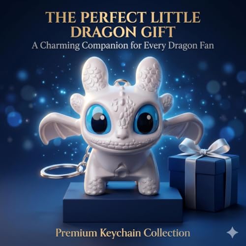 Image of DEVAR Dragon Keychain Toy with LED Light & Moving Wings, Night Fury Glowing Dragon Keychain | Mini Fantasy Figure Creature Charm for Car Dashboard, Bike Key, Backpack Bag Accessory & Kids Gift (White)
