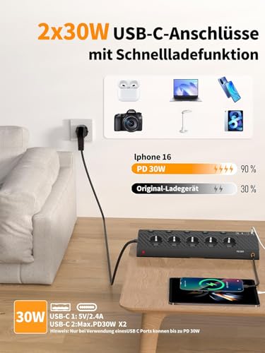 Tischsteckdose Steckdosenleiste mit 2 USB C (PD 30W), PASSUS 5 Fach Mehrfachsteckdose Schreibtisch mit Überspannungsschutz & Einzeln Schaltbar, 10-in-1 Ecksteckdose mit 2M Kabel für Büro, Schwarz