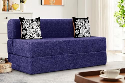 Image of Rosebell Two Seater Sofa Cum Bed | Jute Fabric Washable Cover | with Cushions Perfect for Guest | Purple-Color | 4' X 6' Feet