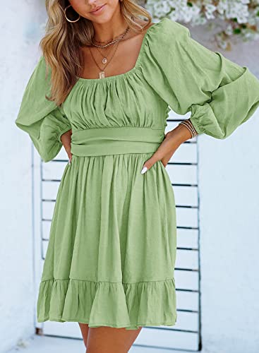 Image of Dokotoo Womens Dress Long Lantern Sleeve Square Neck Tie Backless Sexy Dress Ruffle Elastic Waist A-Line Mini Dress