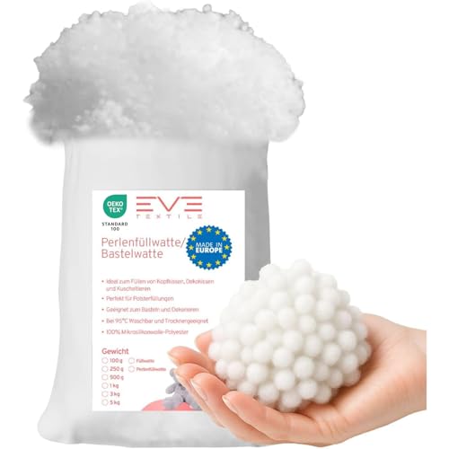 EVE Textile® 100 g Perlen-Füllwatte für Kissen; Faserbällchen Füllmaterial & Stopfmaterial, Bastelwatte, Füllung für Stofftiere, Kuscheltiere; Öko-Tex 100 Zertifiziert, 95°C waschbare Kissenfüllung
