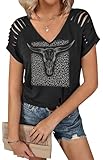 Western Shirts for Women Cowgirl Shirt Vintage Western Graphic Tees Casual Short Sleeve Country Cowgirl Tops Rodeo Shirt (XL, CowSkull-Black)
