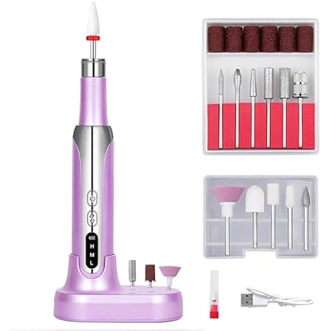 Electric Nail File Set, Cordless Electric Nail Drill with 12 Bits, Portable 3 Speeds Nail Drill Machine for Acrylic Gel Nails Thick Nail Toenail Cuticle (Purple) Cover