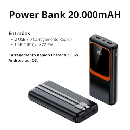 Carregador Portátil (Power Bank) 20000mAh 2 Saída USB QC 3.0 para Carregamento Rápido + 1 Saída USB-