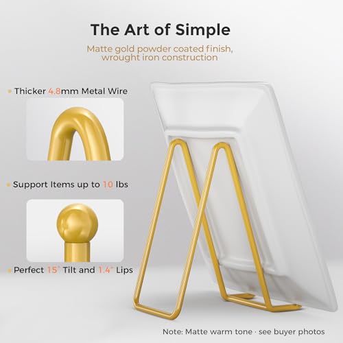 Image of TR-LIFE Plate Stands for Display - 6 Inch Holder + Metal Frame Stand for Picture, Decorative Plate, Photo Easel, Tabletop Art (Gold 2 Pack)