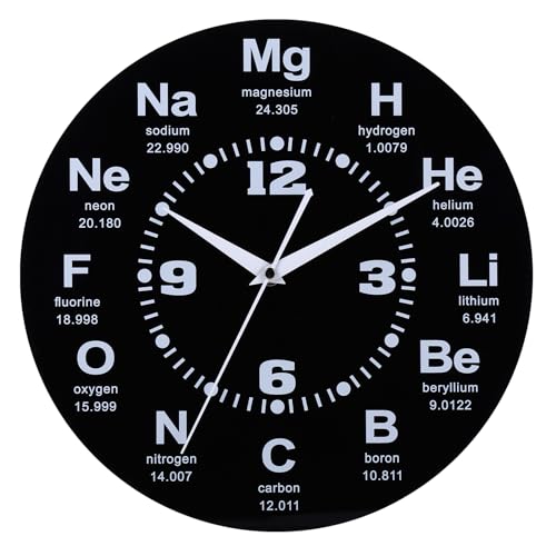 12 Inch Chemistry Wall Clock with Periodic Table Dial, Silent Movement, Battery Operated for Chemists, Science Teachers, STEM Students and Lab Wall Decor