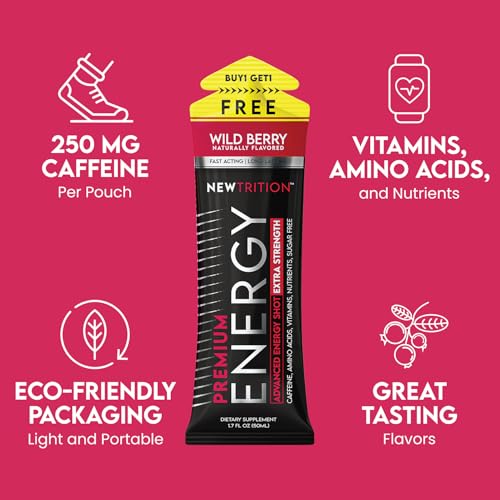 NewTrition® Extra Strength Energy Shots, 1.7 fl oz (Pack of 24, Wild Berry flavor) - 250mg Caffeine with Vitamin B & Amino Acids, Sugar-Free, Zero Calorie Vitamin Energy Drink for Focus & Endurance