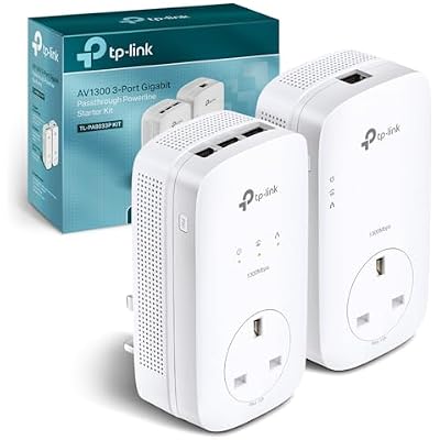 TP-Link TL-PA8033PKIT AV1300 Gigabit Passthrough 2x2 MIMO Powerline Adapter Starter Kit, Powerline Network Adapters with 3 Gigabit Ports for Smart TVs or Game Consoles, No Configuration Required