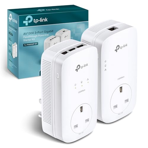 TP-Link TL-PA8033PKIT AV1300 Gigabit Passthrough 2x2 MIMO Powerline Adapter Starter Kit, Powerline Network Adapters with 3 Gigabit Ports for Smart TVs or Game Consoles, No Configuration Requ