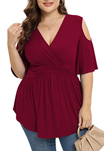 Tianzhu Women Plus Size Red Shirt Wrap Top Short Sleeve Blouse Dress Top Tunic Clothing Peplum Clothes Wine Red, Xx-Large #TOP3