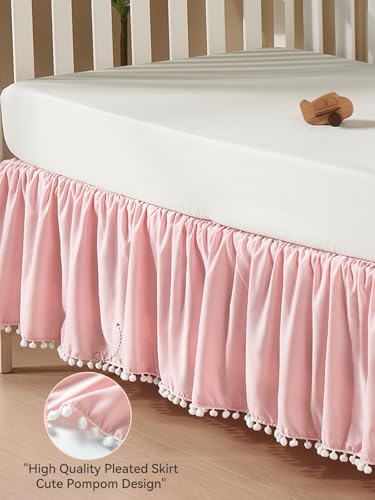 Image of TILLYOU Baby Crib Skirt Girls Boys, Ruffled Bed Skirt with Pompoms, 28 inchx 52 inch, 14'' Drop, Pink