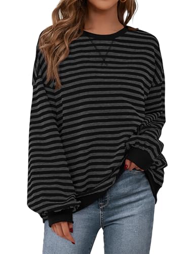 PRETTYGARDEN Women Oversized Striped Color Block Long Sleeve Crew Neck Sweatshirt Casual Loose Pullover Y2K Shirt Top (Black Dark Grey, X-Large)