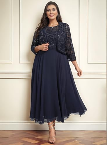 2 Piece Mother of The Bride Dresses Tea Length Chiffon Lace 3/4 Sleeves Mother of The Groom Dresses with Jacket4