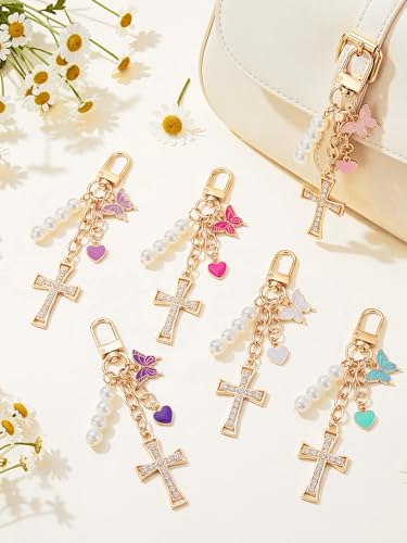 Image of Sureio Cross Butterfly bag charm Keychains for Women Christian Resin Keychain Bulk for women Gift Backpack Purse Wallet Bag
