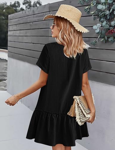 Image of HOTOUCH Women Button Down Dress Loose Summer Cotton Linen Dress Ruffle Hem Casual Dress Short Sleeve Tunic Dress