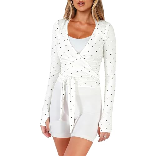 white polka dot wrap v-neck top