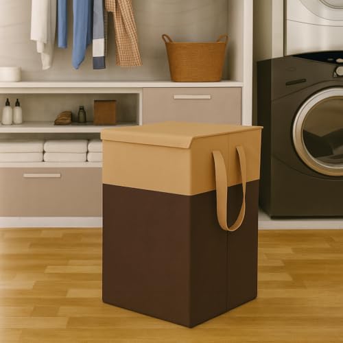 Image of Homerz Premium Folding Laundry Basket for Clothes with lid and handles, 24X17X47 inch size, Laundry Bag Cloth Basket Non Woven Laundry Bin Laundry Bags for Clothes Freestanding (Brown)