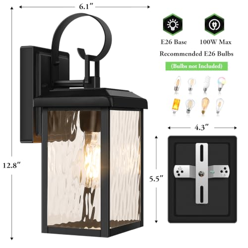 Image of BesLowe 2-Pack Outdoor Wall Light Fixtures with Water Ripple Glass, Black