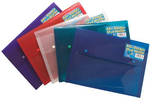 Tiger A4+ foolscap double stud wallet (pack of 5) - press closure translucent polypropylene plastic envelope files for document storage