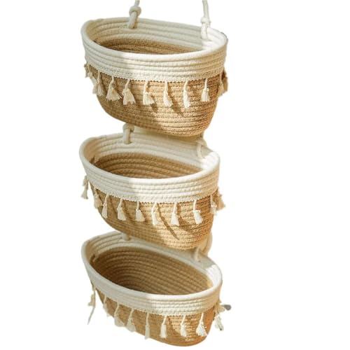 Cesta colgante tejida de 3 niveles montada en la pared, cesta colgante decorativa, extraíble, armario de almacenamiento