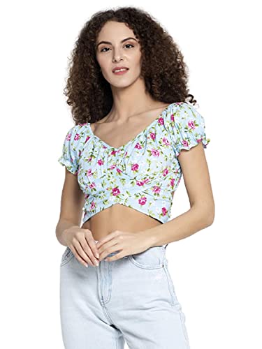 Image of ELEVANTO Women's Ruffle Stylish Short Sleeve Tie Up Back Crop Top Off Shoulder Bardot Blouse /Tops for Summer