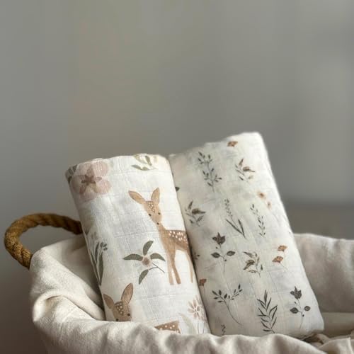 Image of Ultra-Soft Organic Muslin Swaddle Blankets - 70% Viscose from Bamboo & 30% Cotton, 2-Pack - Gentle, Breathable, Lightweight, Soft Muslin - 47 x 47 inch, Soft Baby Wraps (Baby Deer&Meadow Magic)