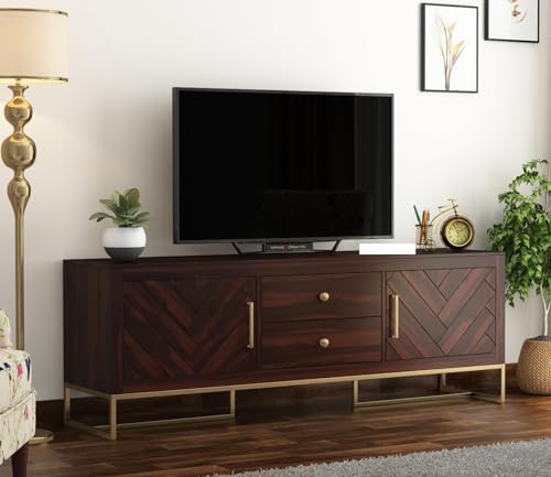 Image of Premium Solid Sheesham Wood TV Unit with 2 Drawers, 4 Shelves, and 2-Door Storage - Accommodates up to 65-Inch TV - Ideal for Living Room (Asher, Walnut Finish)