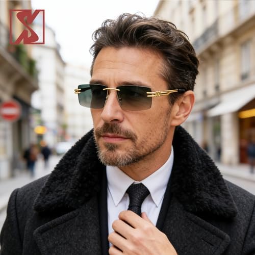 Lunettes de Soleil Rétro Sans Monture Ultra-Petite Rectangulaire pour Hommes Femmes Lentes Transparentes